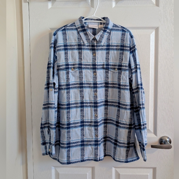Alfred Dunner Floral Plaid Button Down Shirt Bleu  Boho Retro Size 18 - Picture 1 of 12